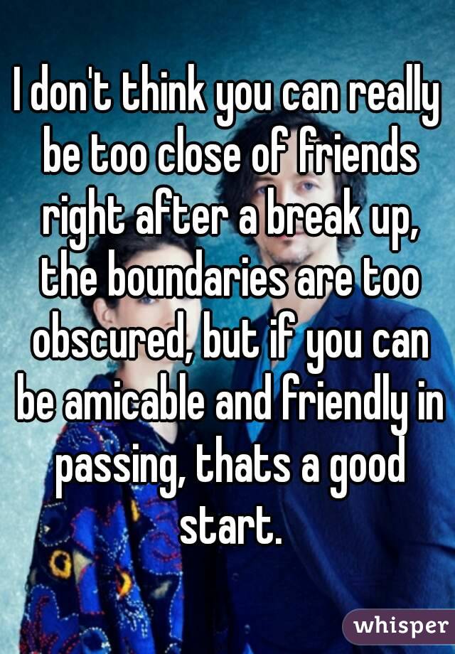 I don't think you can really be too close of friends right after a break up, the boundaries are too obscured, but if you can be amicable and friendly in passing, thats a good start.