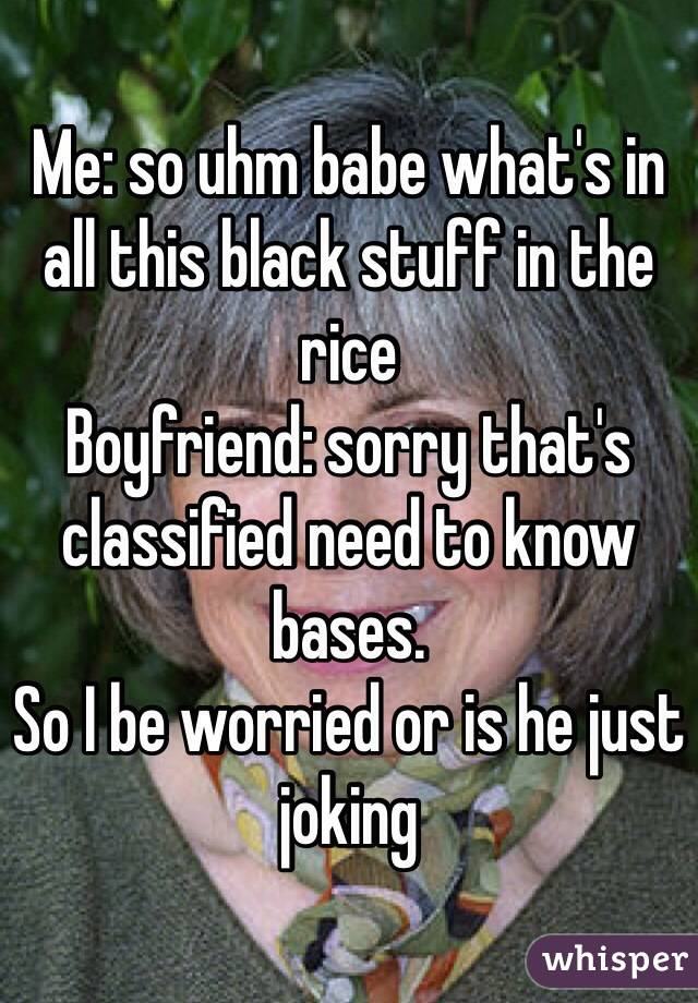 Me: so uhm babe what's in all this black stuff in the rice
Boyfriend: sorry that's classified need to know bases. 
So I be worried or is he just joking