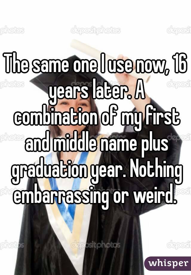 The same one I use now, 16 years later. A combination of my first and middle name plus graduation year. Nothing embarrassing or weird. 