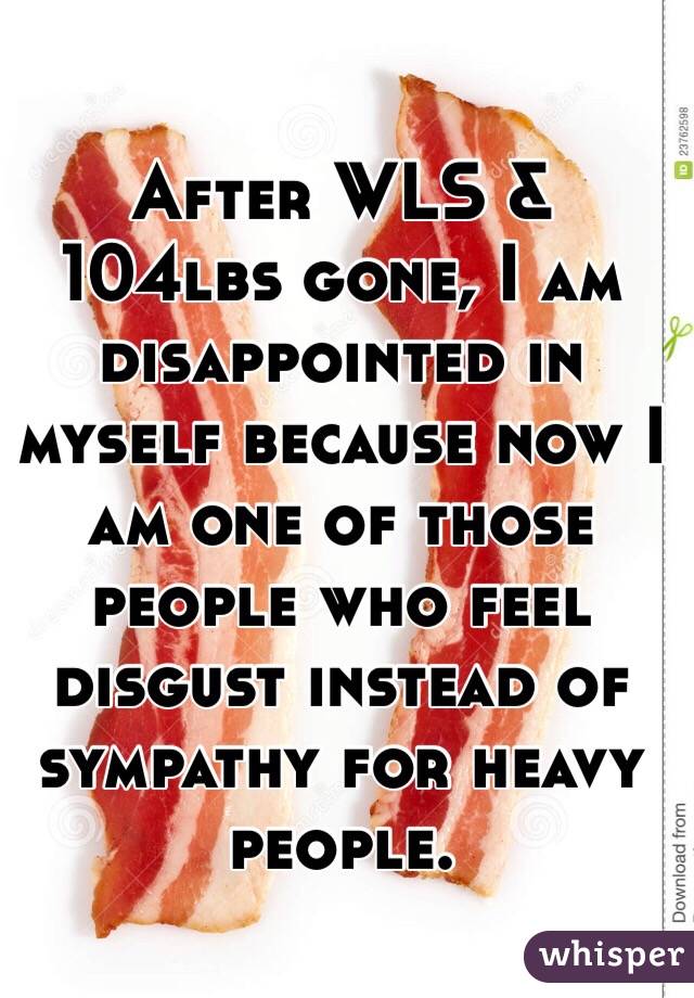 After WLS & 104lbs gone, I am disappointed in myself because now I am one of those people who feel disgust instead of sympathy for heavy people. 