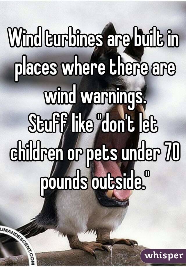 Wind turbines are built in places where there are wind warnings.
Stuff like "don't let children or pets under 70 pounds outside."