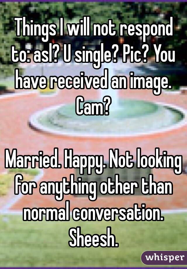 Things I will not respond to: asl? U single? Pic? You have received an image. Cam? 

Married. Happy. Not looking for anything other than normal conversation. Sheesh. 