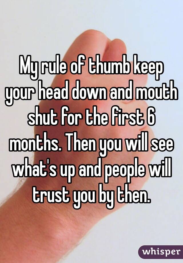 My rule of thumb keep your head down and mouth shut for the first 6 months. Then you will see what's up and people will trust you by then. 