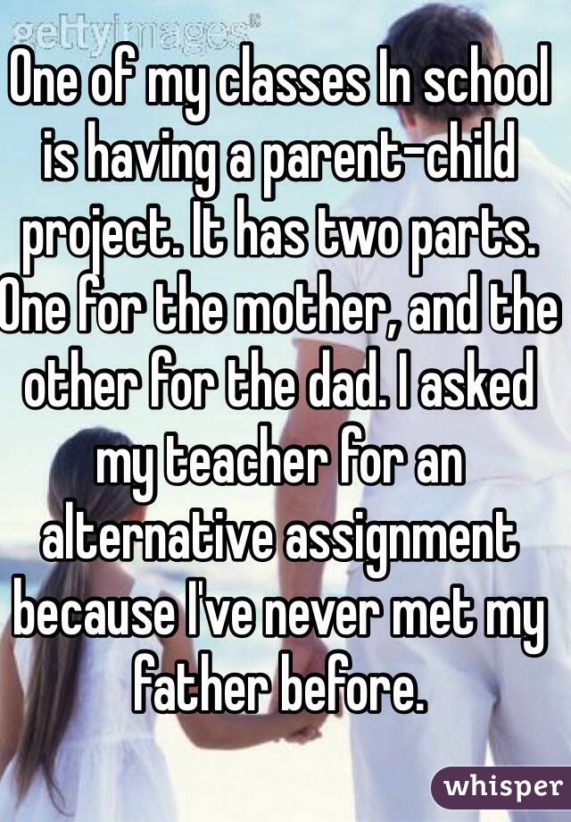 One of my classes In school is having a parent-child project. It has two parts. One for the mother, and the other for the dad. I asked my teacher for an alternative assignment because I've never met my father before. 