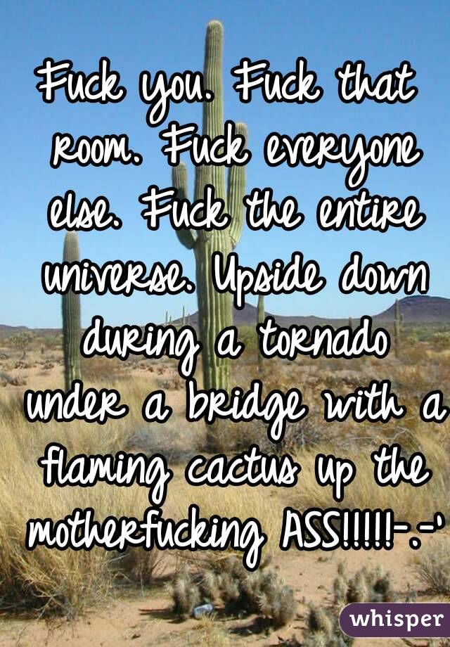 Fuck you. Fuck that room. Fuck everyone else. Fuck the entire universe. Upside down during a tornado under a bridge with a flaming cactus up the motherfucking ASS!!!!!-.-'
