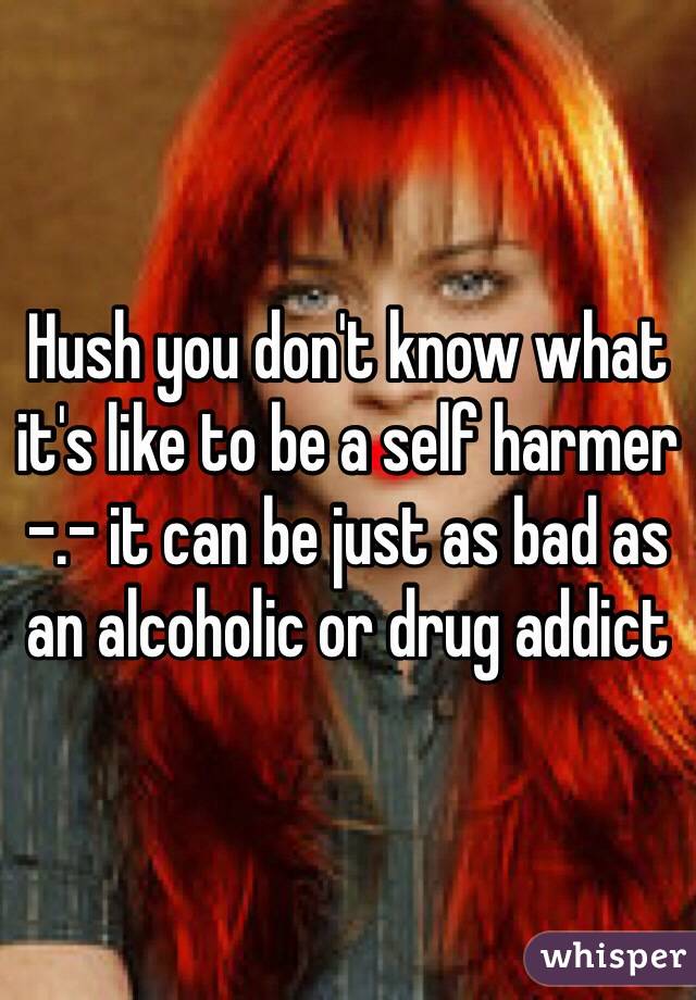 Hush you don't know what it's like to be a self harmer -.- it can be just as bad as an alcoholic or drug addict 