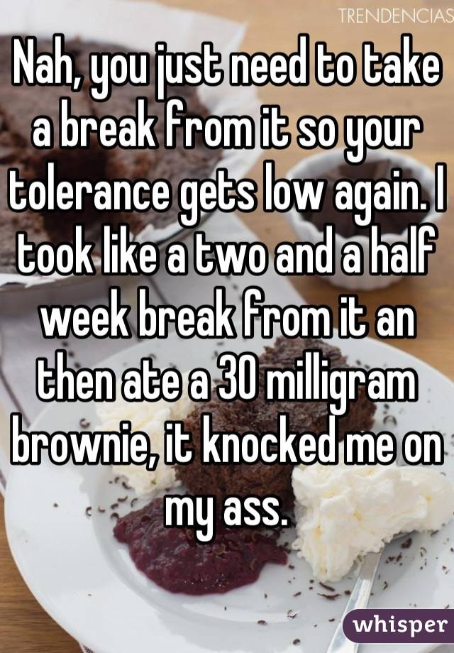 Nah, you just need to take a break from it so your tolerance gets low again. I took like a two and a half week break from it an then ate a 30 milligram brownie, it knocked me on my ass.