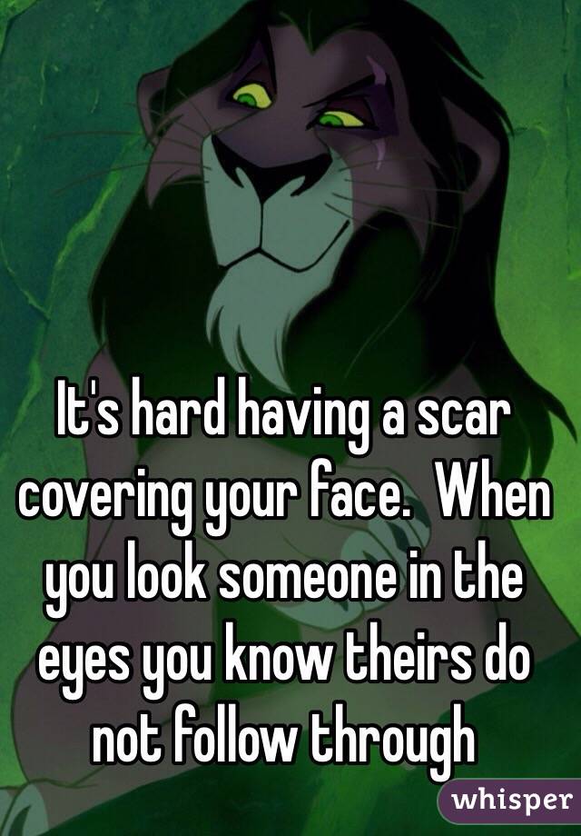 It's hard having a scar covering your face.  When you look someone in the eyes you know theirs do not follow through 