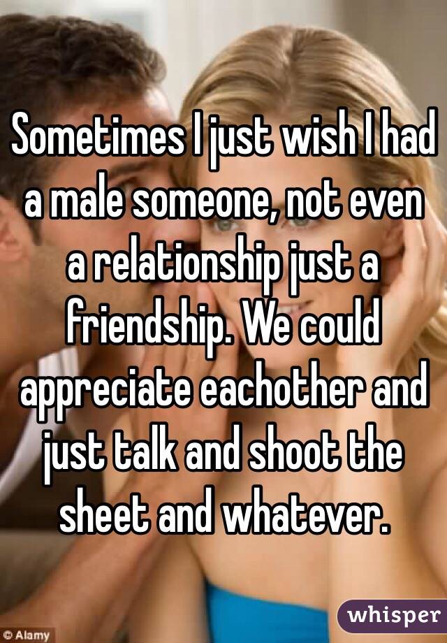 Sometimes I just wish I had a male someone, not even a relationship just a friendship. We could appreciate eachother and just talk and shoot the sheet and whatever. 
