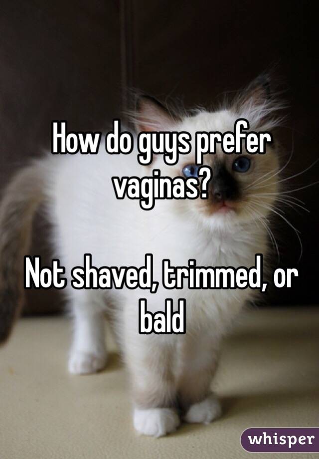 How do guys prefer vaginas? 

Not shaved, trimmed, or bald