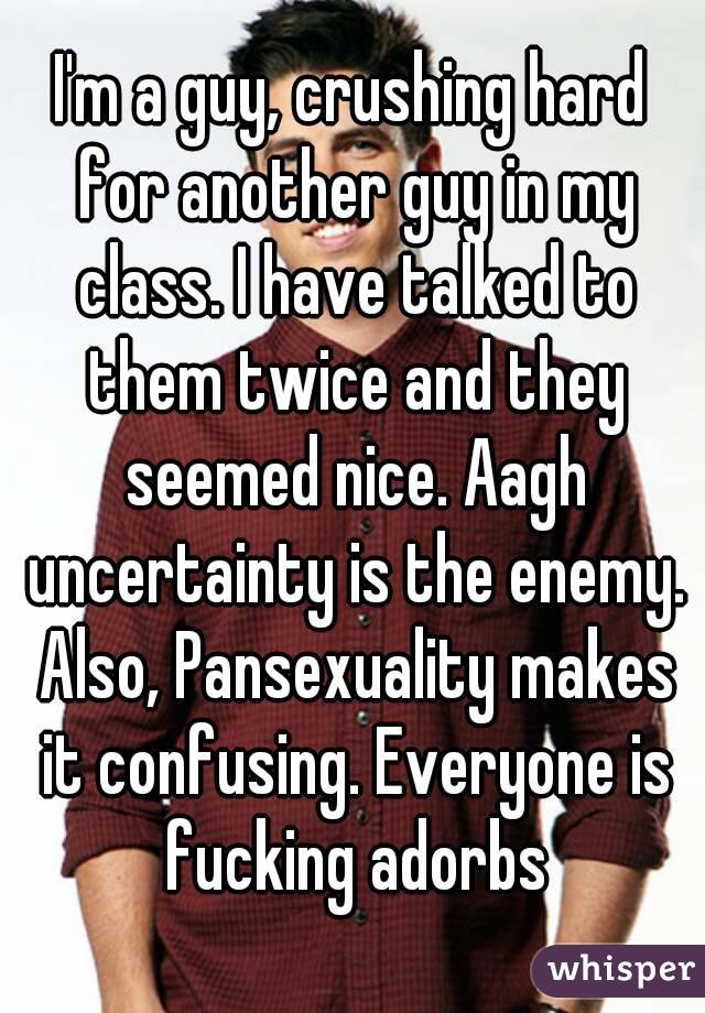I'm a guy, crushing hard for another guy in my class. I have talked to them twice and they seemed nice. Aagh uncertainty is the enemy. Also, Pansexuality makes it confusing. Everyone is fucking adorbs