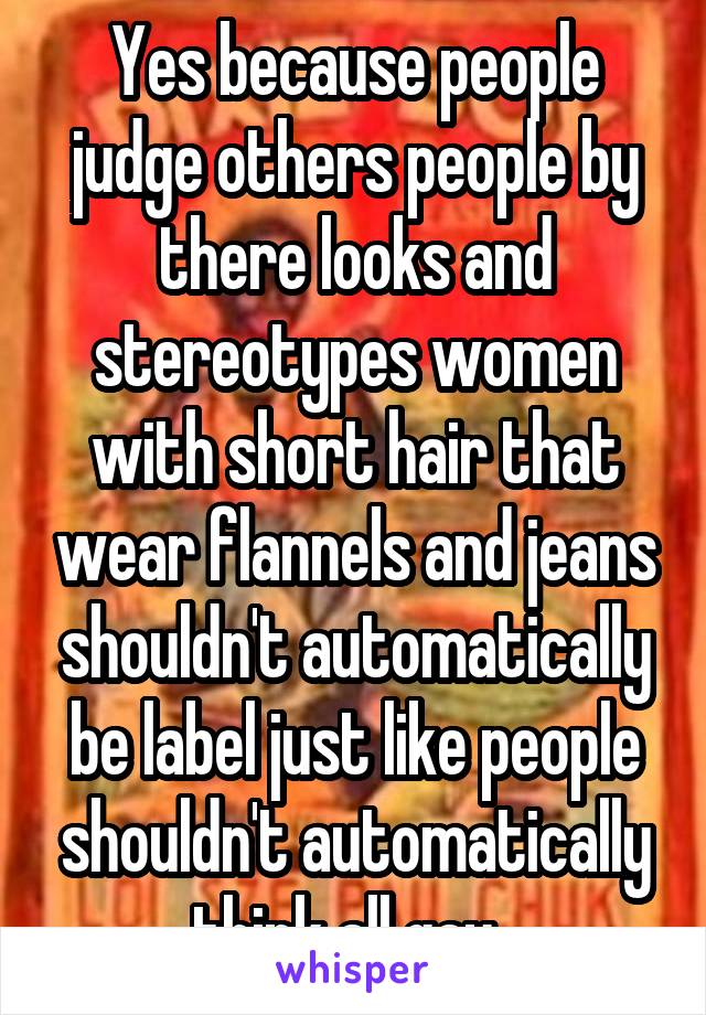 Yes because people judge others people by there looks and stereotypes women with short hair that wear flannels and jeans shouldn't automatically be label just like people shouldn't automatically think all gay  
