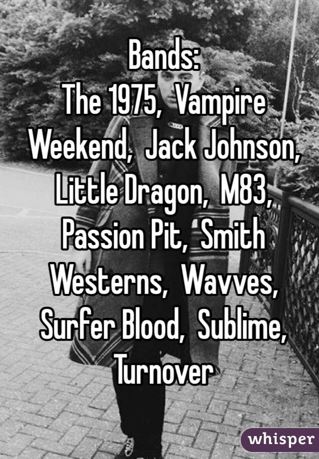 Bands:
The 1975,  Vampire Weekend,  Jack Johnson,  Little Dragon,  M83,  Passion Pit,  Smith Westerns,  Wavves,  Surfer Blood,  Sublime, Turnover 
