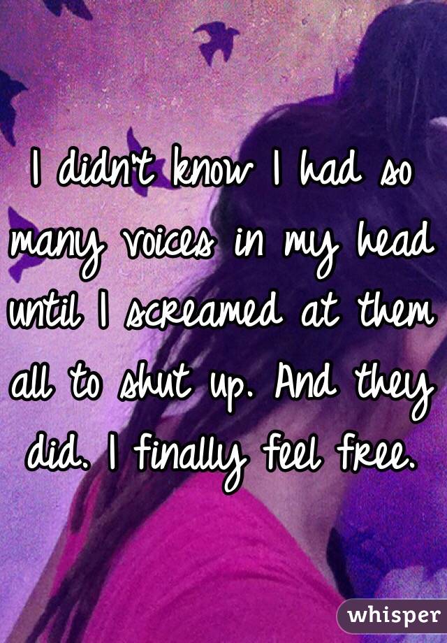 I didn't know I had so many voices in my head until I screamed at them all to shut up. And they did. I finally feel free. 