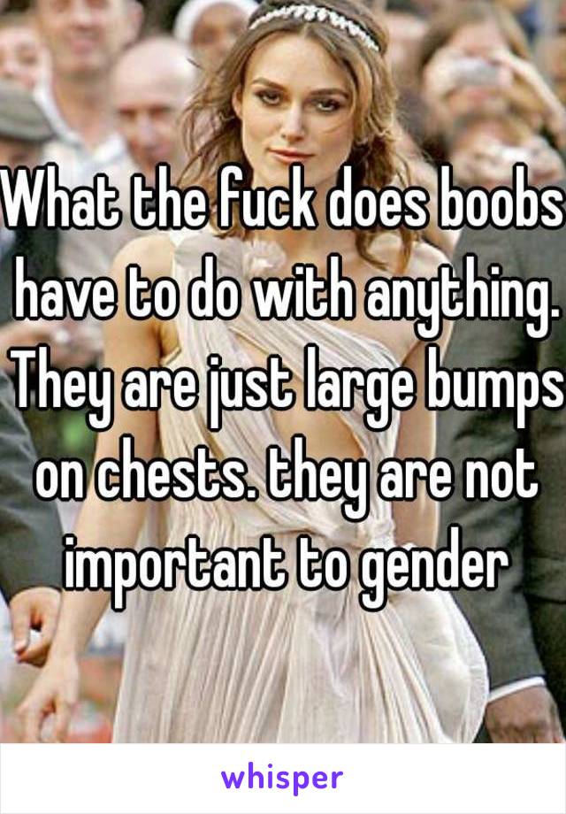 What the fuck does boobs have to do with anything. They are just large bumps on chests. they are not important to gender