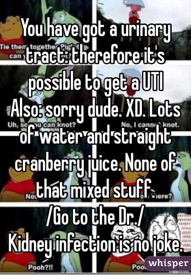 You have got a urinary tract: therefore it's possible to get a UTI 
Also: sorry dude. XD. Lots of water and straight cranberry juice. None of that mixed stuff. 
/Go to the Dr./
Kidney infection is no joke. 