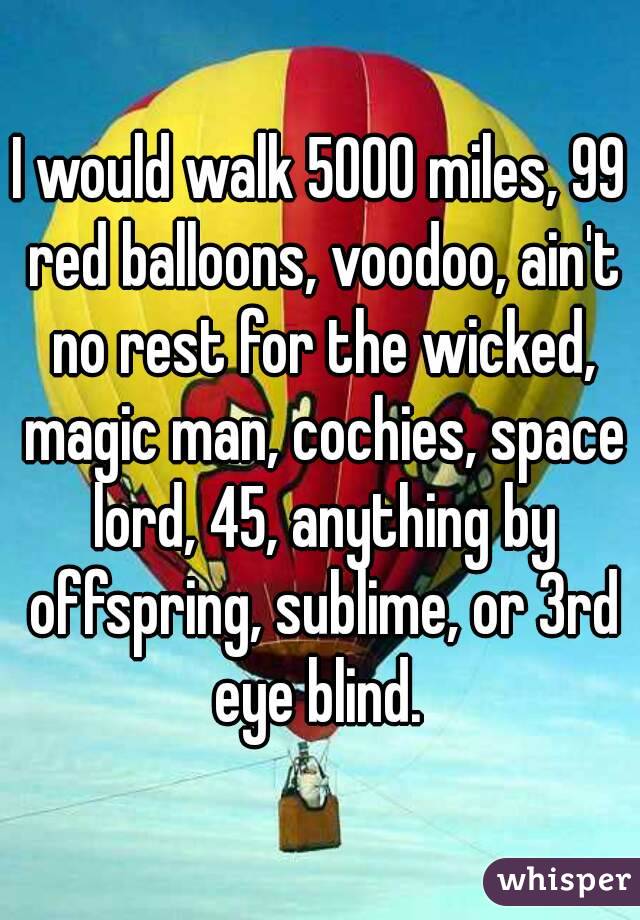 I would walk 5000 miles, 99 red balloons, voodoo, ain't no rest for the wicked, magic man, cochies, space lord, 45, anything by offspring, sublime, or 3rd eye blind. 