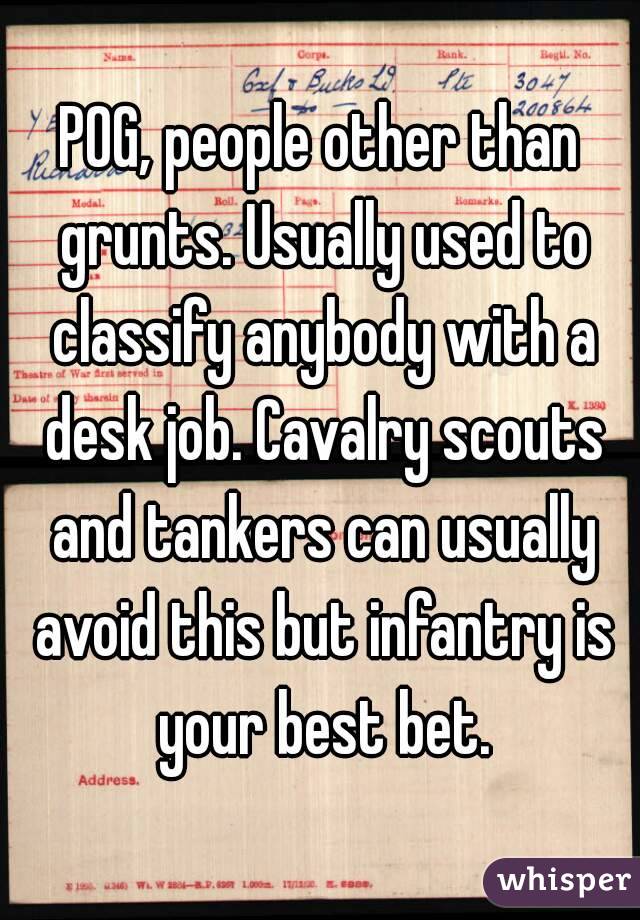 POG, people other than grunts. Usually used to classify anybody with a desk job. Cavalry scouts and tankers can usually avoid this but infantry is your best bet.
