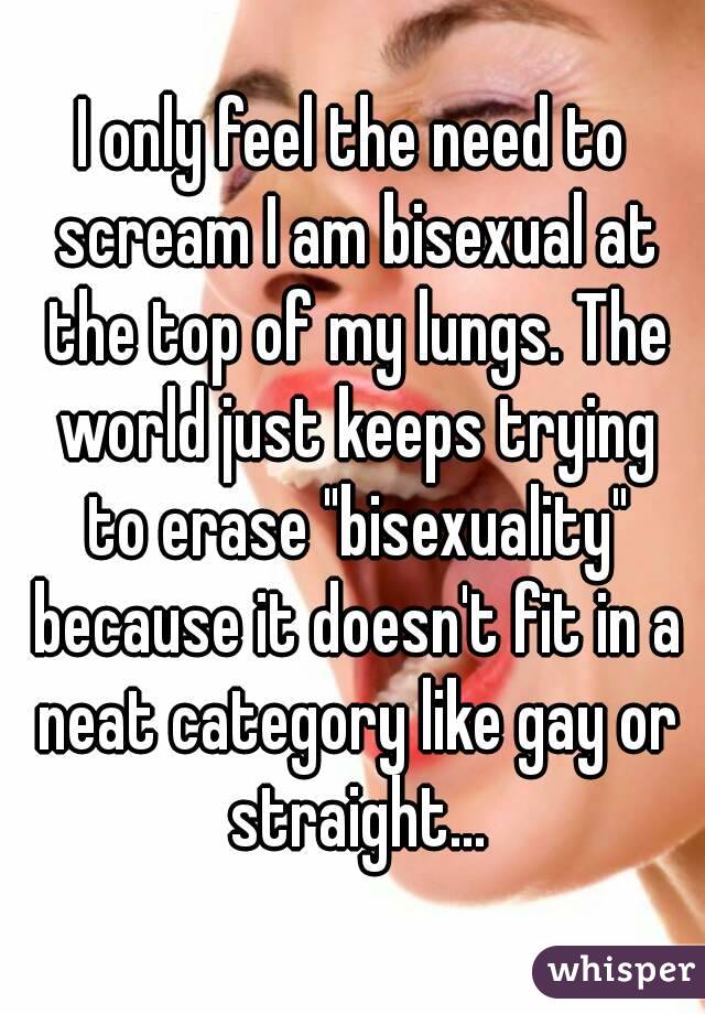 I only feel the need to scream I am bisexual at the top of my lungs. The world just keeps trying to erase "bisexuality" because it doesn't fit in a neat category like gay or straight...
