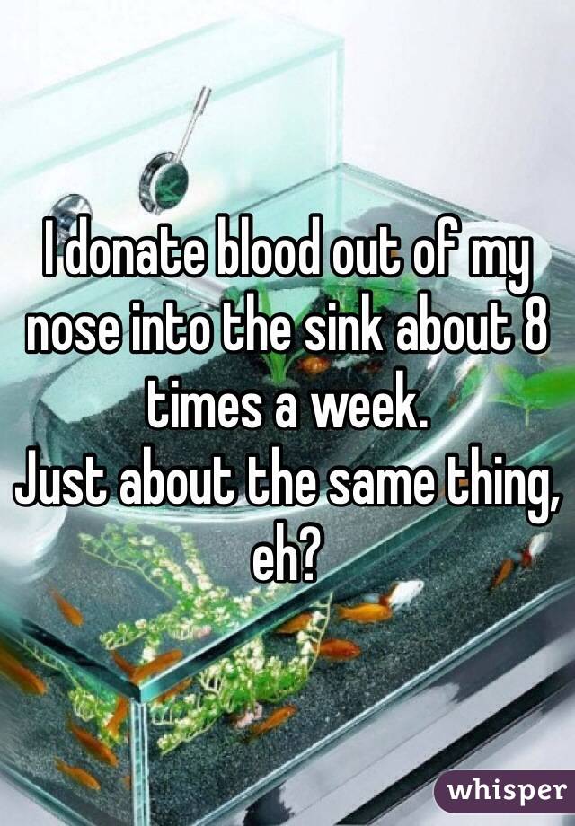 I donate blood out of my nose into the sink about 8 times a week. 
Just about the same thing, eh?