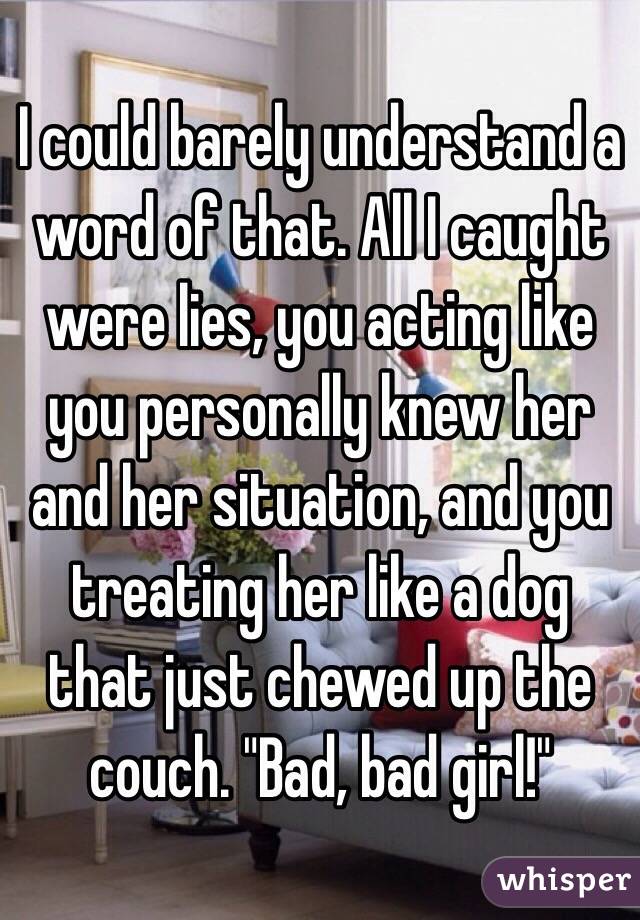 I could barely understand a word of that. All I caught were lies, you acting like you personally knew her and her situation, and you treating her like a dog that just chewed up the couch. "Bad, bad girl!"