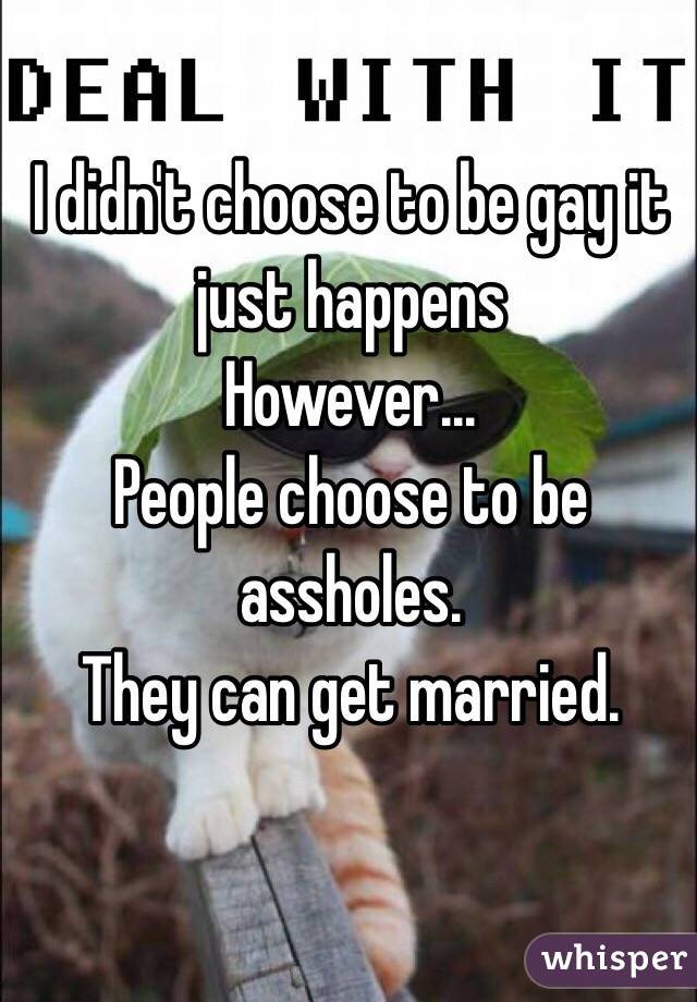 I didn't choose to be gay it just happens 
However...
People choose to be assholes.
They can get married.

