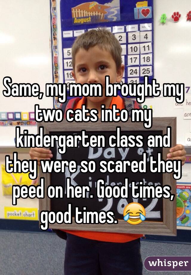 Same, my mom brought my two cats into my kindergarten class and they were so scared they peed on her. Good times, good times. 😂