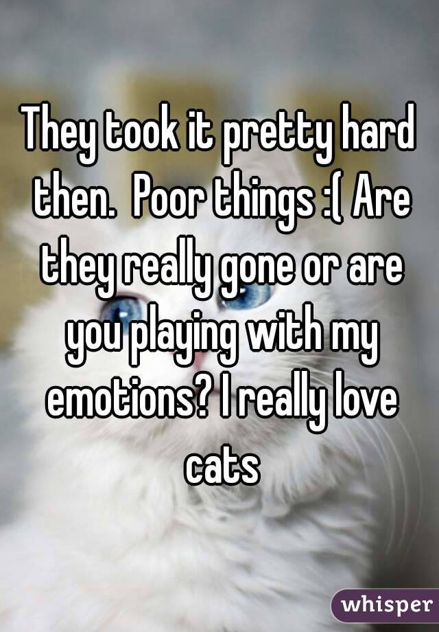 They took it pretty hard then.  Poor things :( Are they really gone or are you playing with my emotions? I really love cats