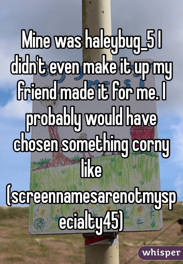 Mine was haleybug_5 I didn't even make it up my friend made it for me. I probably would have chosen something corny like (screennamesarenotmyspecialty45) 