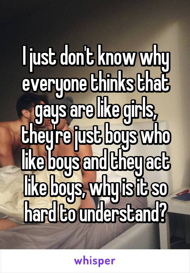 I just don't know why everyone thinks that gays are like girls, they're just boys who like boys and they act like boys, why is it so hard to understand?