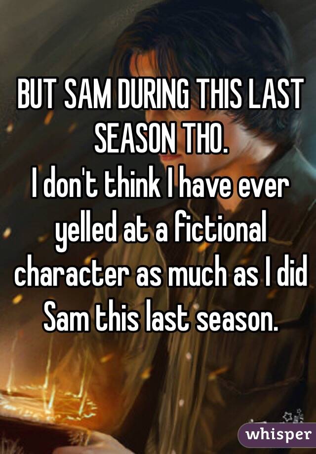 BUT SAM DURING THIS LAST SEASON THO. 
I don't think I have ever yelled at a fictional character as much as I did Sam this last season. 