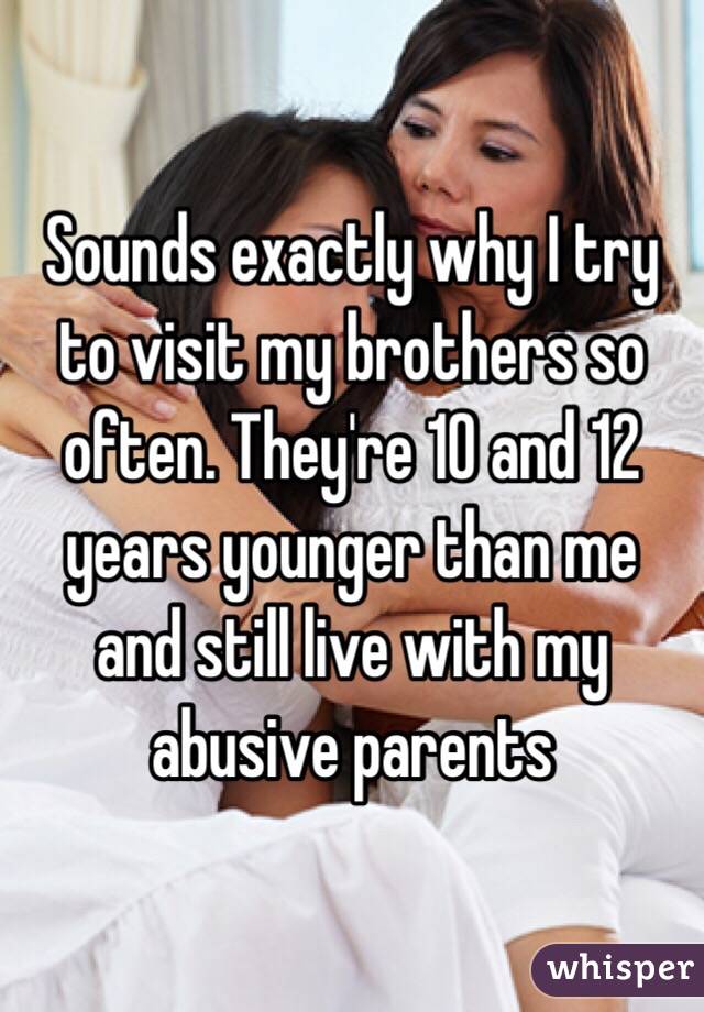 Sounds exactly why I try to visit my brothers so often. They're 10 and 12 years younger than me and still live with my abusive parents