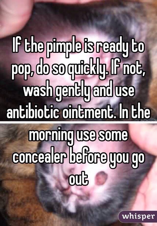 If the pimple is ready to pop, do so quickly. If not, wash gently and use antibiotic ointment. In the morning use some concealer before you go out