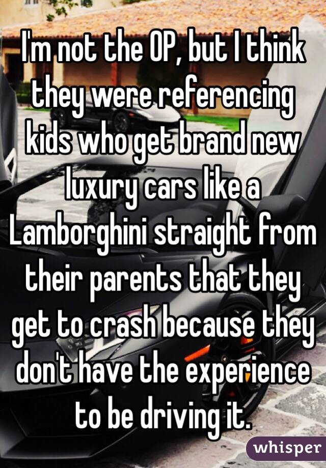 I'm not the OP, but I think they were referencing kids who get brand new luxury cars like a Lamborghini straight from their parents that they get to crash because they don't have the experience to be driving it.
