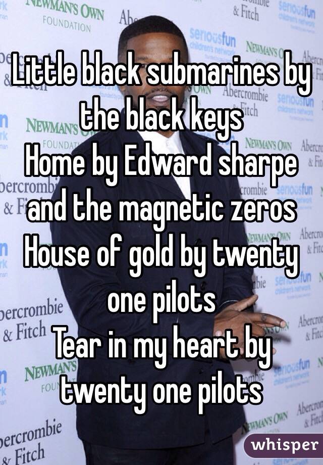Little black submarines by the black keys
Home by Edward sharpe and the magnetic zeros
House of gold by twenty one pilots
Tear in my heart by twenty one pilots