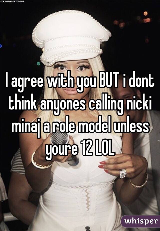 I agree with you BUT i dont think anyones calling nicki minaj a role model unless youre 12 LOL