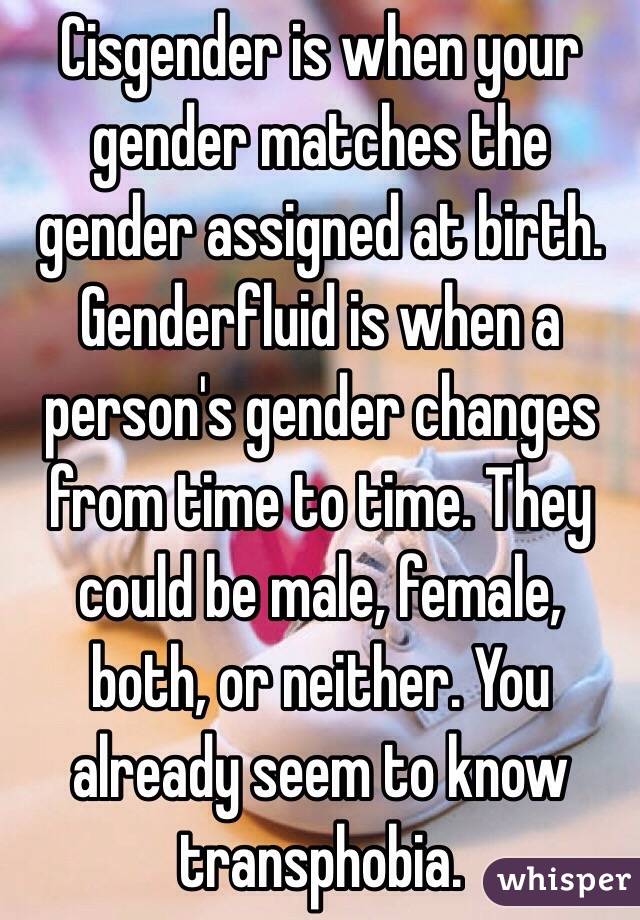 Cisgender is when your gender matches the gender assigned at birth. Genderfluid is when a person's gender changes from time to time. They could be male, female, both, or neither. You already seem to know transphobia.