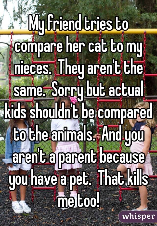 My friend tries to compare her cat to my nieces.  They aren't the same.  Sorry but actual kids shouldn't be compared to the animals.  And you aren't a parent because you have a pet.  That kills me too!