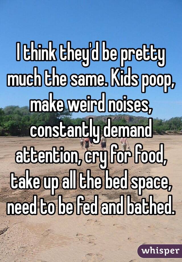 I think they'd be pretty much the same. Kids poop, make weird noises, constantly demand attention, cry for food, take up all the bed space, need to be fed and bathed. 