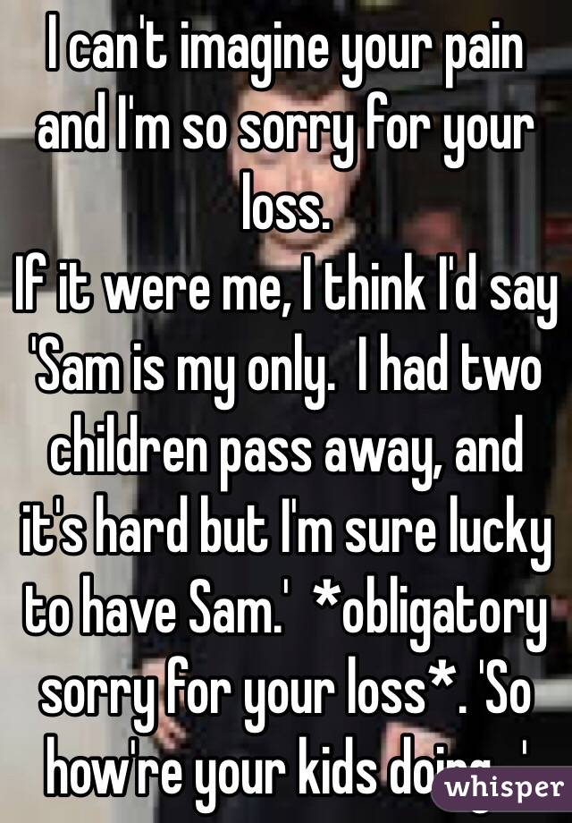 I can't imagine your pain and I'm so sorry for your loss.
If it were me, I think I'd say 'Sam is my only.  I had two children pass away, and it's hard but I'm sure lucky to have Sam.'  *obligatory sorry for your loss*. 'So how're your kids doing...'