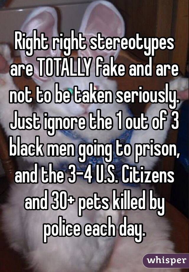 Right right stereotypes are TOTALLY fake and are not to be taken seriously. Just ignore the 1 out of 3 black men going to prison, and the 3-4 U.S. Citizens and 30+ pets killed by police each day. 