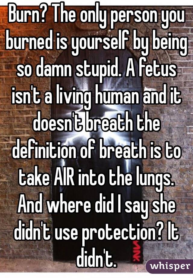 Burn? The only person you burned is yourself by being so damn stupid. A fetus isn't a living human and it doesn't breath the definition of breath is to take AIR into the lungs. And where did I say she didn't use protection? It didn't. 