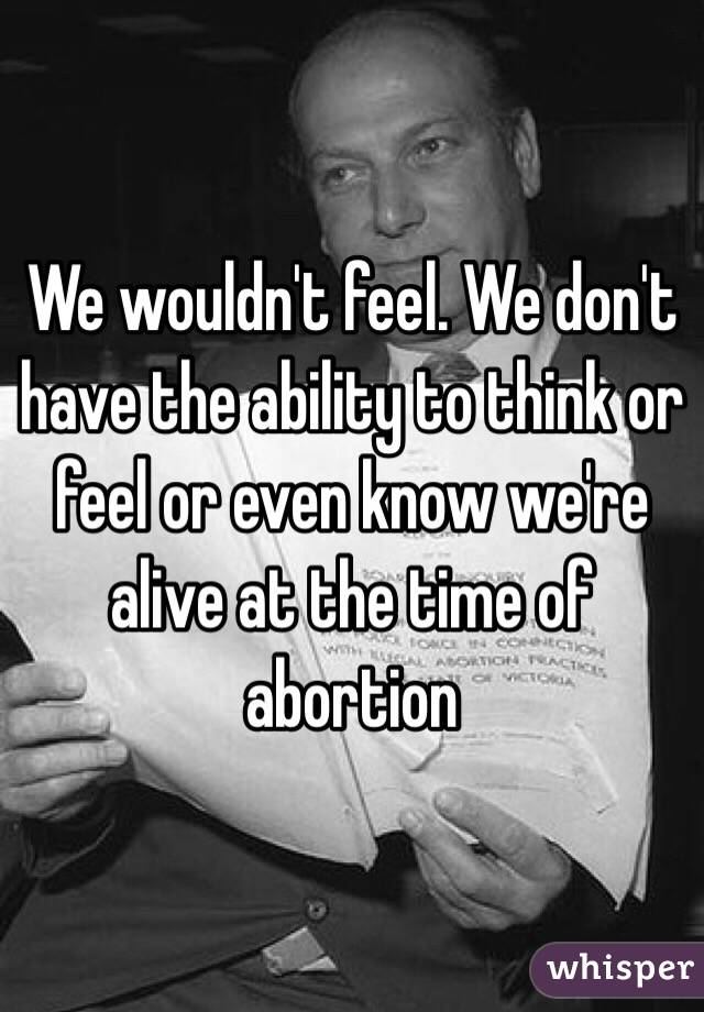 We wouldn't feel. We don't have the ability to think or feel or even know we're alive at the time of abortion