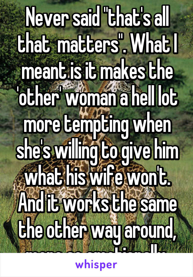 Never said "that's all that  matters". What I meant is it makes the 'other' woman a hell lot more tempting when she's willing to give him what his wife won't. And it works the same the other way around, more so emotionally 