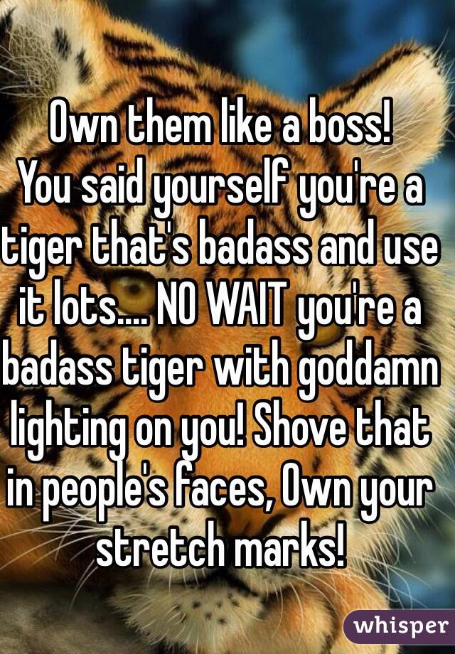 Own them like a boss!
You said yourself you're a tiger that's badass and use it lots.... NO WAIT you're a badass tiger with goddamn lighting on you! Shove that in people's faces, Own your stretch marks!