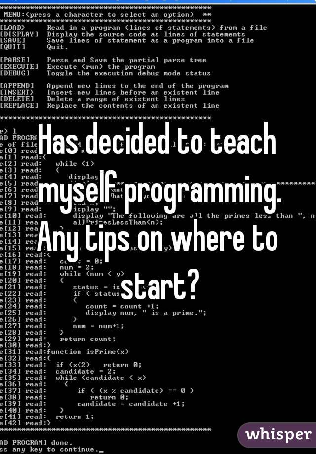 Has decided to teach myself programming.
Any tips on where to start?
