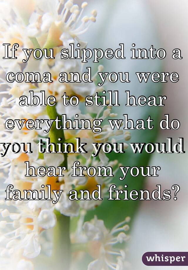 If you slipped into a coma and you were able to still hear everything what do you think you would hear from your family and friends? 