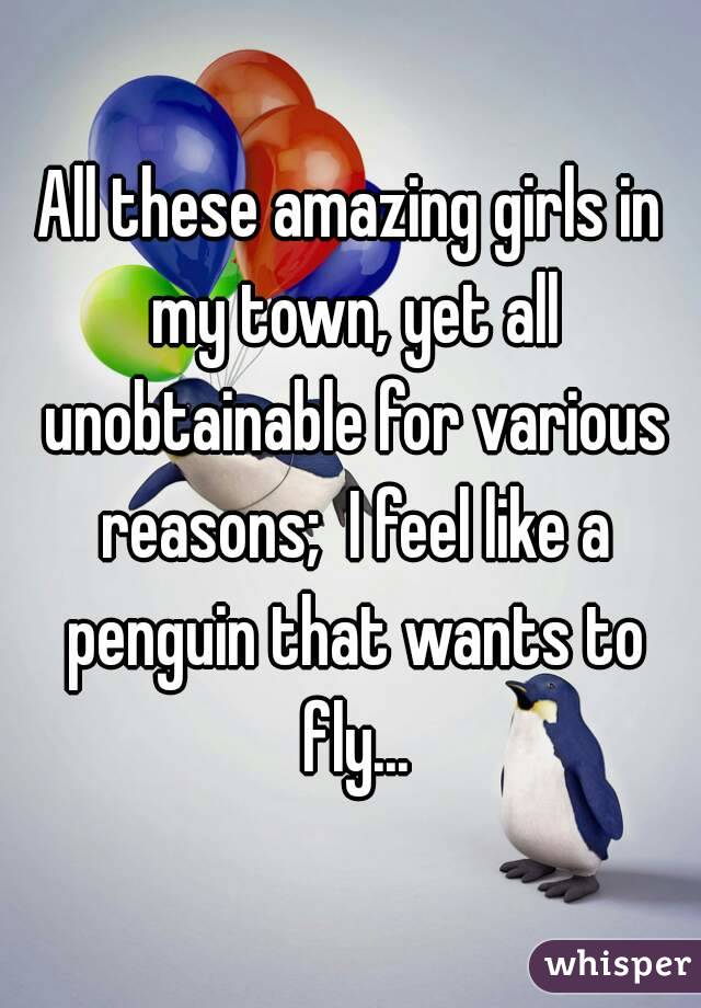 All these amazing girls in my town, yet all unobtainable for various reasons;  I feel like a penguin that wants to fly...