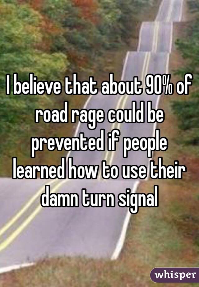 I believe that about 90% of road rage could be prevented if people learned how to use their damn turn signal 