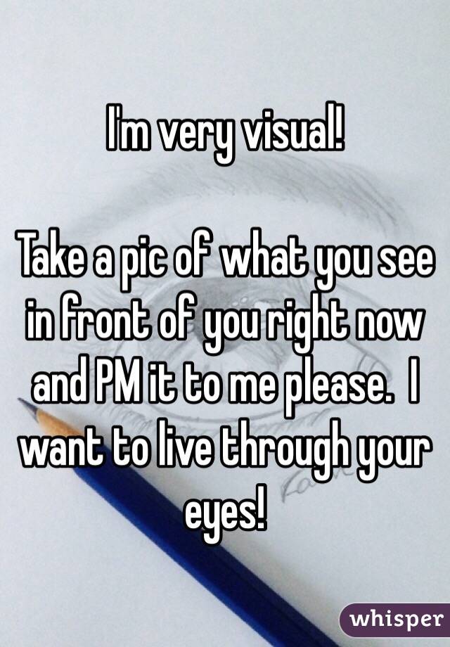 I'm very visual!

Take a pic of what you see in front of you right now and PM it to me please.  I want to live through your eyes!